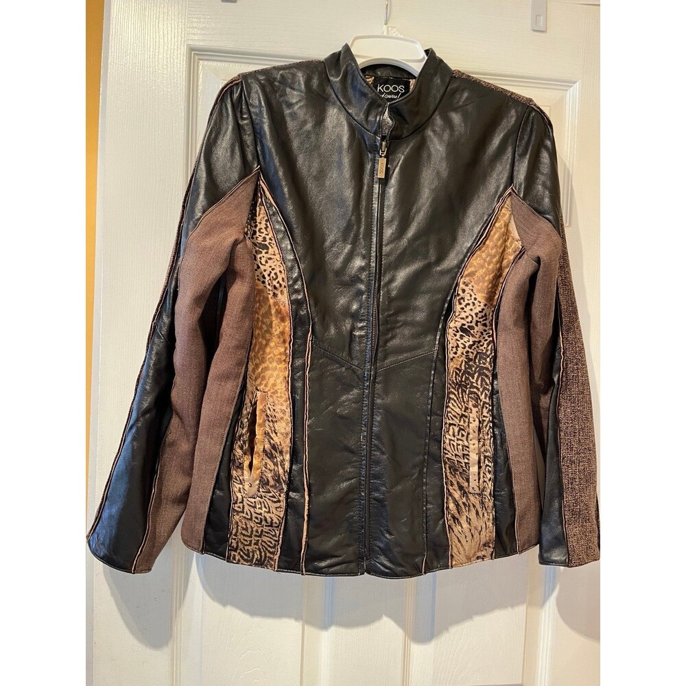 Women's Koos Faux Leather Cloth Zip-Up Jacket Size Medium Animal Print Unique